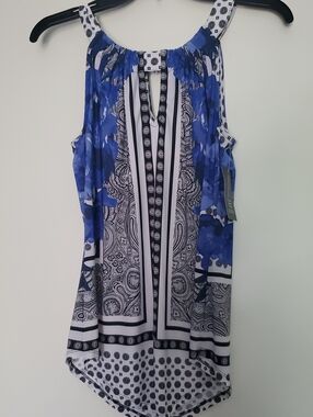 INC International Concepts Blue and Black Printed Sleeveless Top